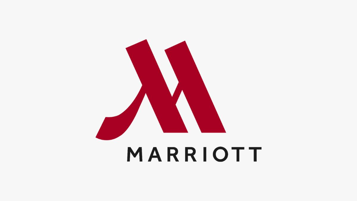 Marriott Hotels logo with a bold red “M” above black text on a white background
