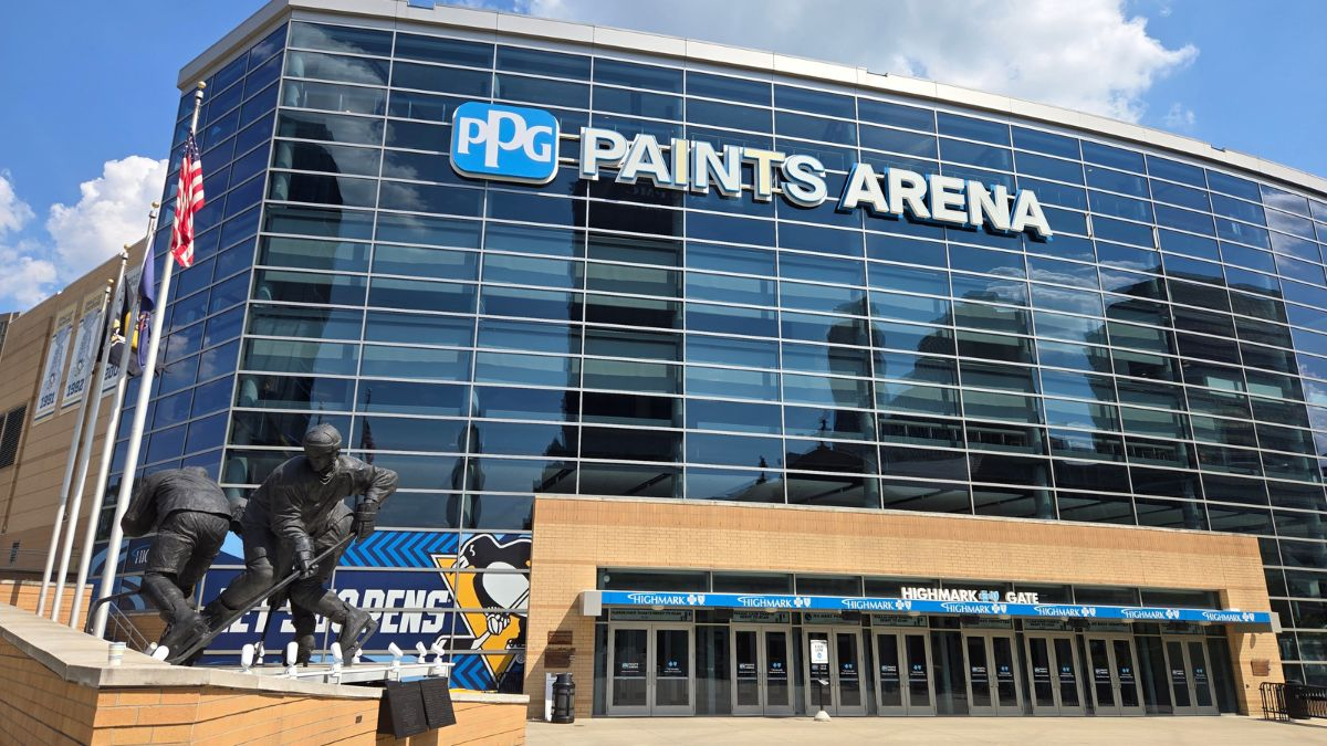 Exterior of PPG Paints Arena in Pittsburgh, Pennsylvania, home of the Pittsburgh Penguins – stop on Summer 2025 road trip.