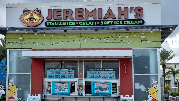 Jeremiah’s Italian Ice storefront at ONE Daytona, a go-to dessert stop for teens offering Italian ice, gelati, and soft ice cream