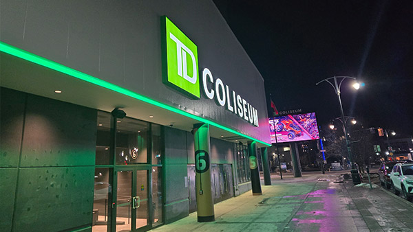 TD Coliseum exterior at night in downtown Hamilton Ontario near Sheraton Hamilton Hotel event venue