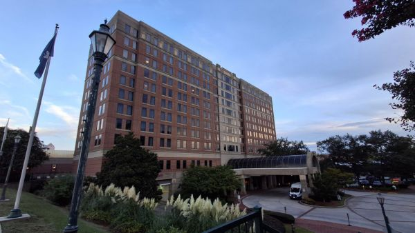 Exterior view of Augusta Marriott at the Convention Center from the Augusta Riverwalk area in downtown Augusta Georgia