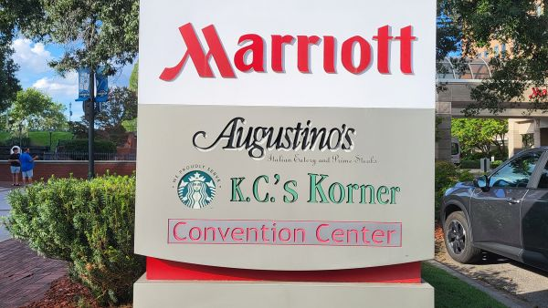 Marriott sign for Augustino's, K.C.'s Korner, and the convention center at Augusta Marriott at the Convention Center